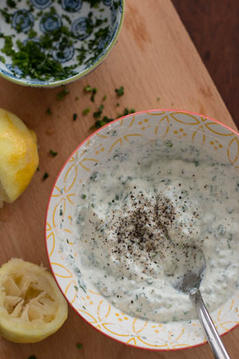 top down view on colourful bowl with ricotta sauce