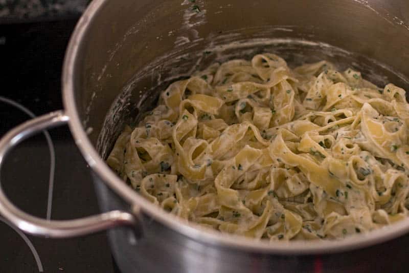 pot with creamy ricotta fettuccine