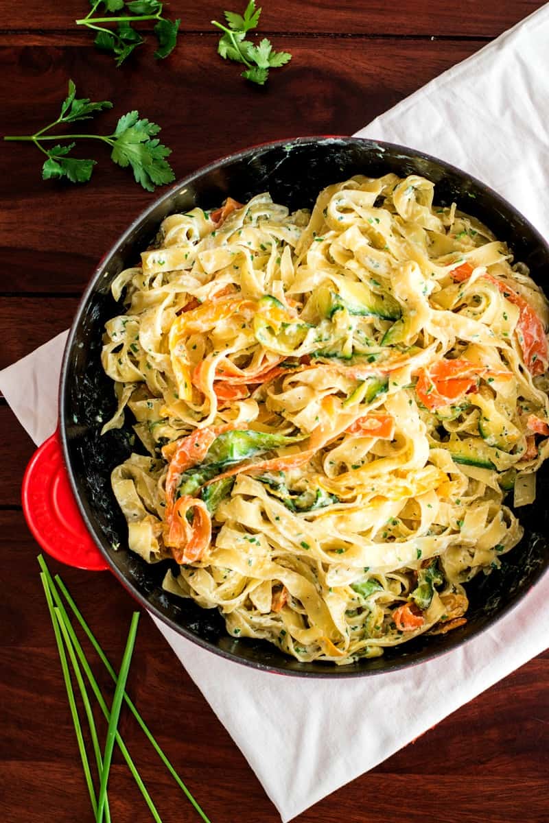 top down view on skillet with fettuccine in ricotta sauce