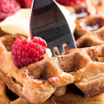 close up photo of fork stuck in waffle