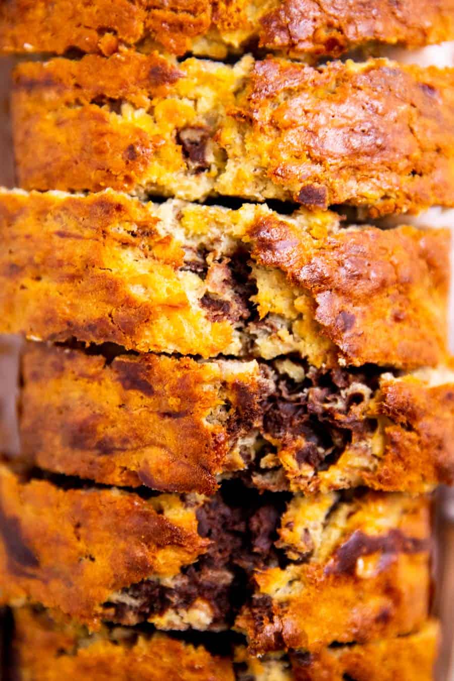 overhead view of sliced banana bread