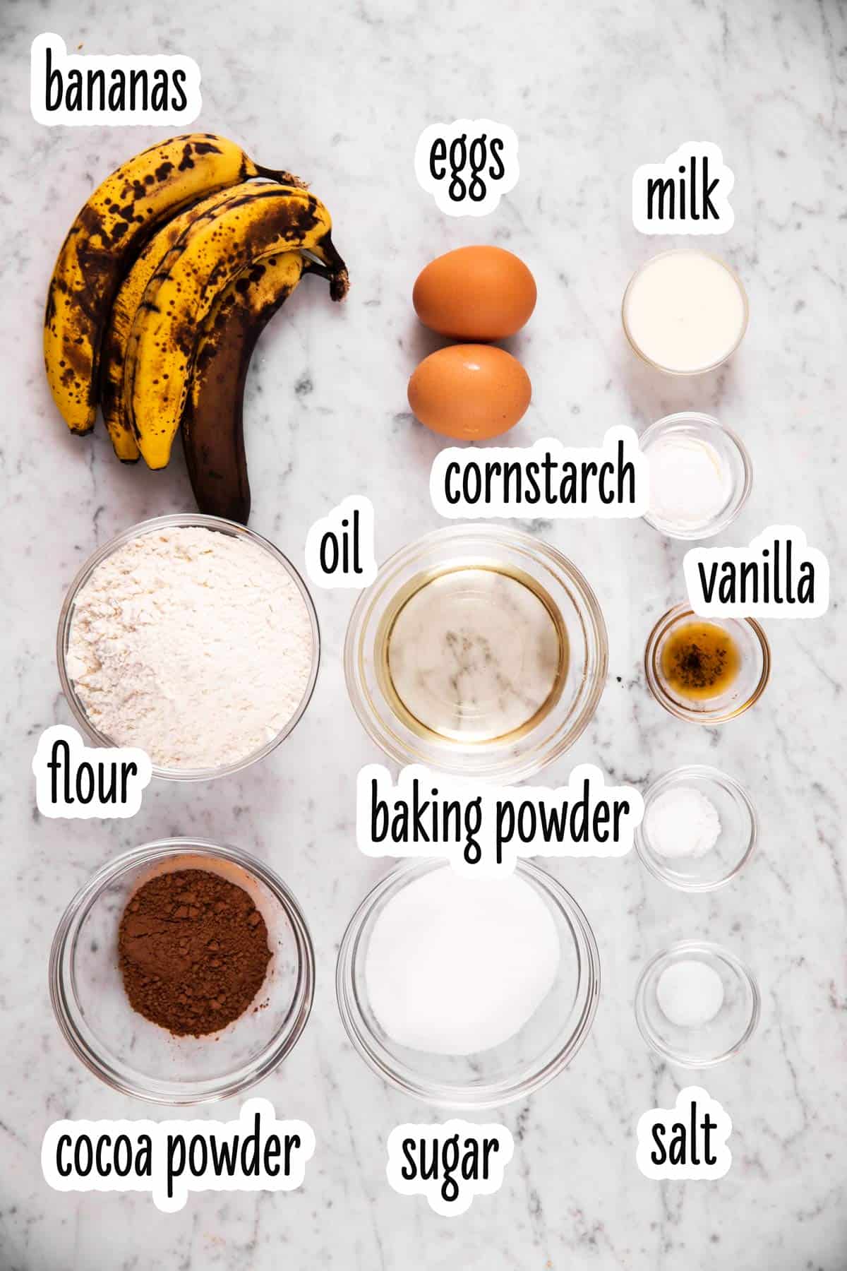 ingredients for chocolate marble banana bread with text labels