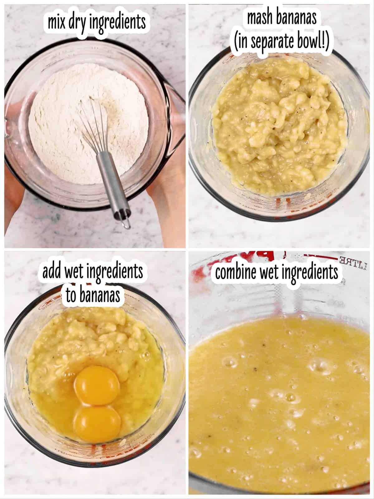 photo collage to show how to combine wet and dry ingredient separately for banana bread