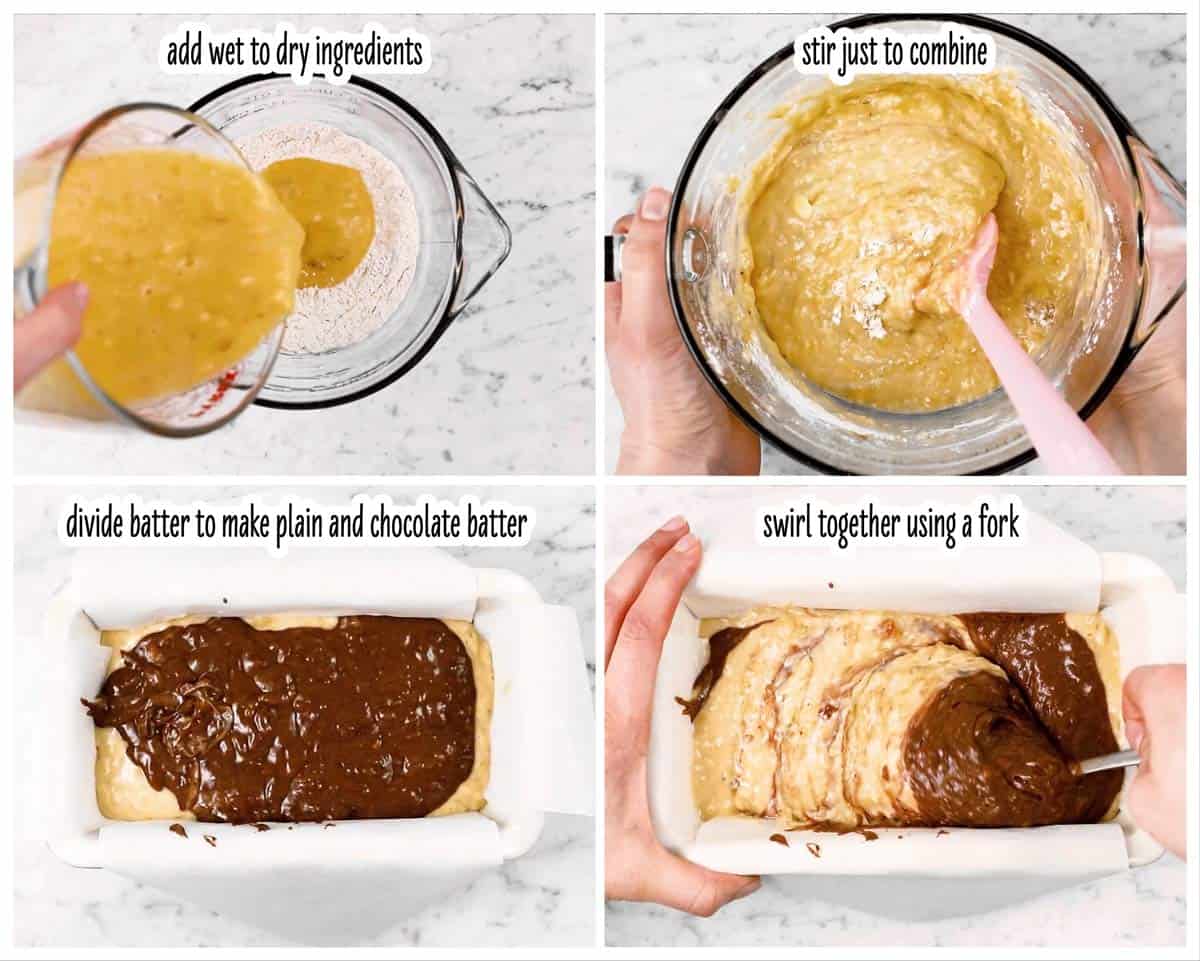 photo collage to show how to assemble a chocolate marble banana bread