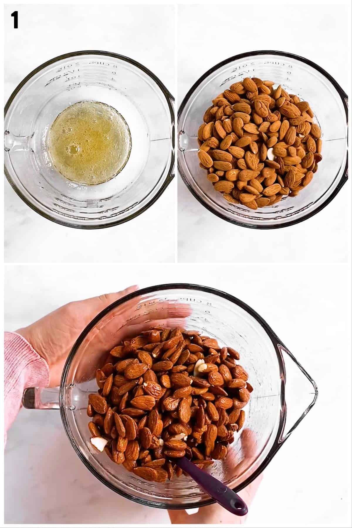 photo collage to show how to coat almonds with egg whites