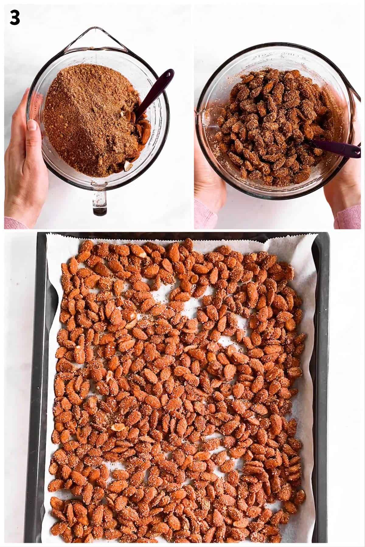 photo collage to show how to coat and bake nuts to make candied almonds