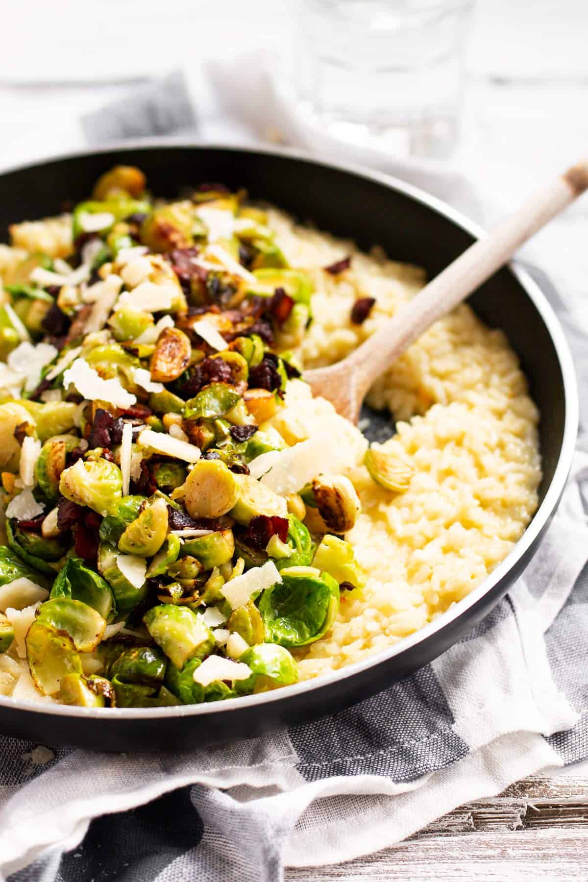 frontal view on pan with bacon Brussels sprout risotto