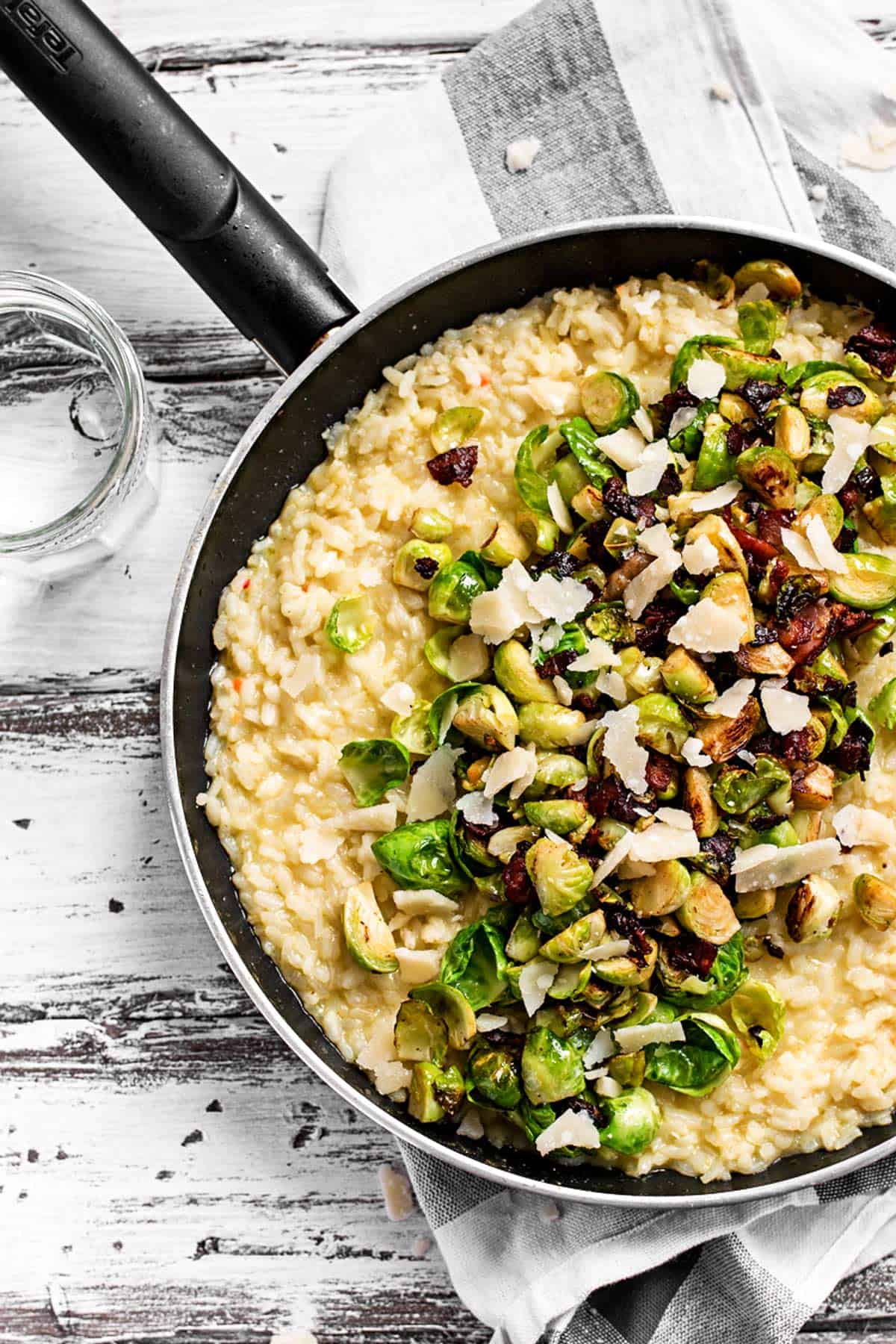 top down view on skillet filled with risotto