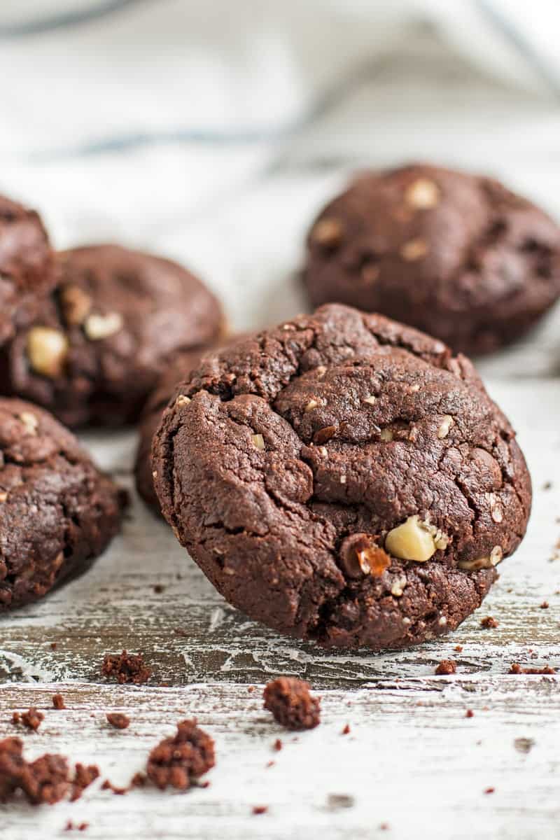 Close up photo of a chocolate hazelnut cookie.