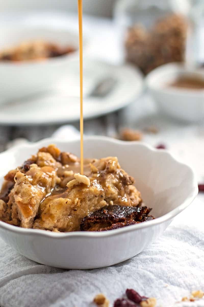 drizzling caramel over slow cooker bread pudding