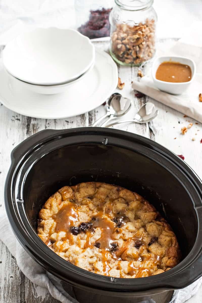 Slow Cooker Bread Pudding with Cranberries and Walnuts