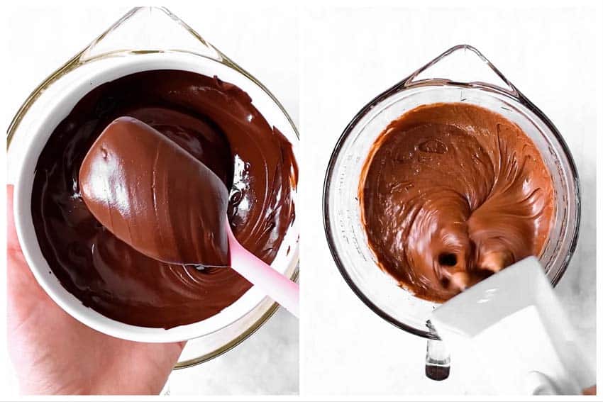 photo collage to show how to add melted chocolate to brownie batter