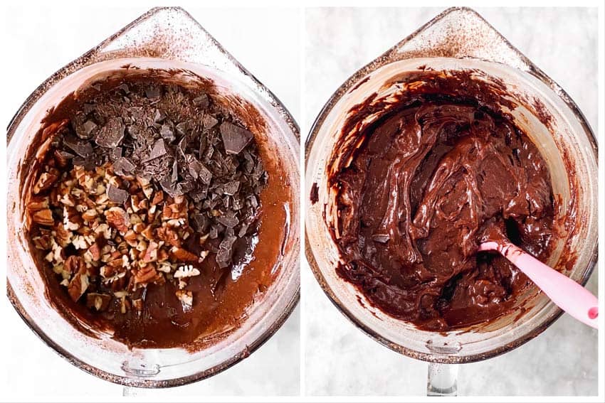 photo collage to show how to fold pecans and chocolate chunks into brownie batter