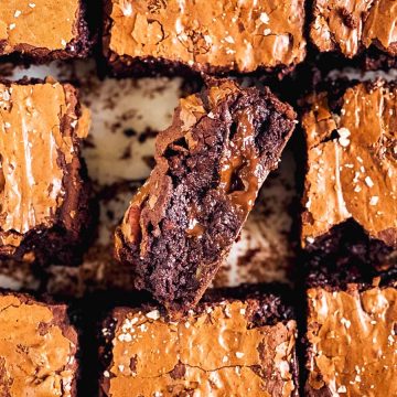 overhead view of sliced brownies with one edge facing upwards