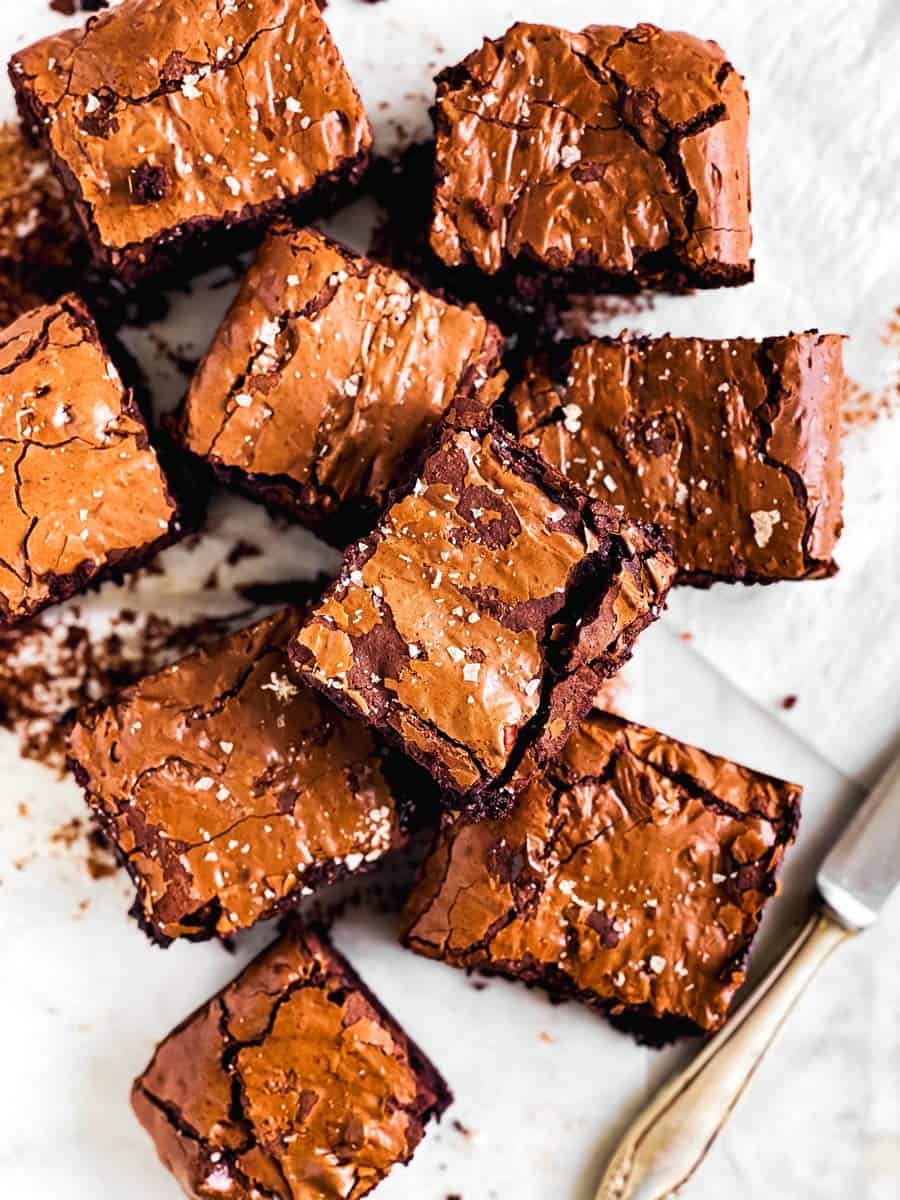 overhead view of pile of homemade brownies