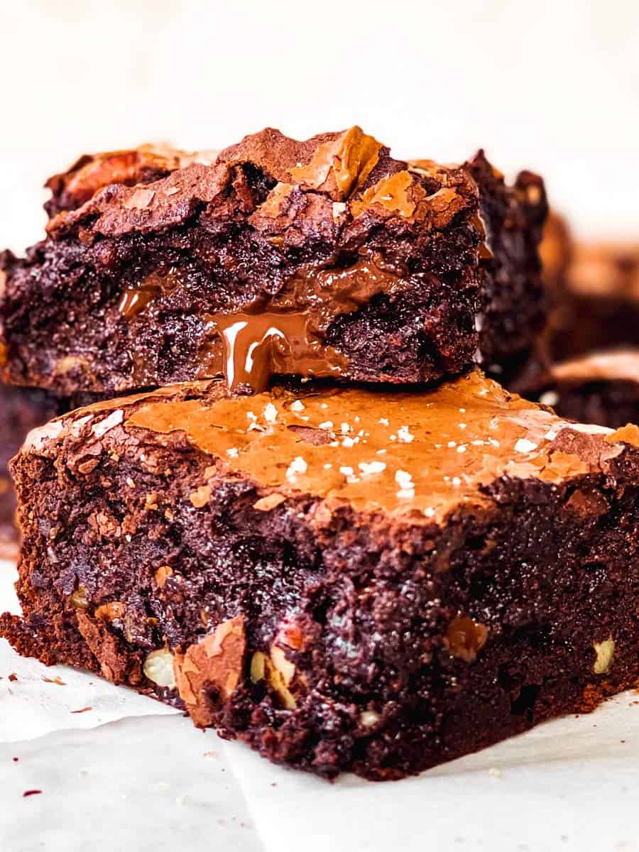 close up photo of stacked brownies