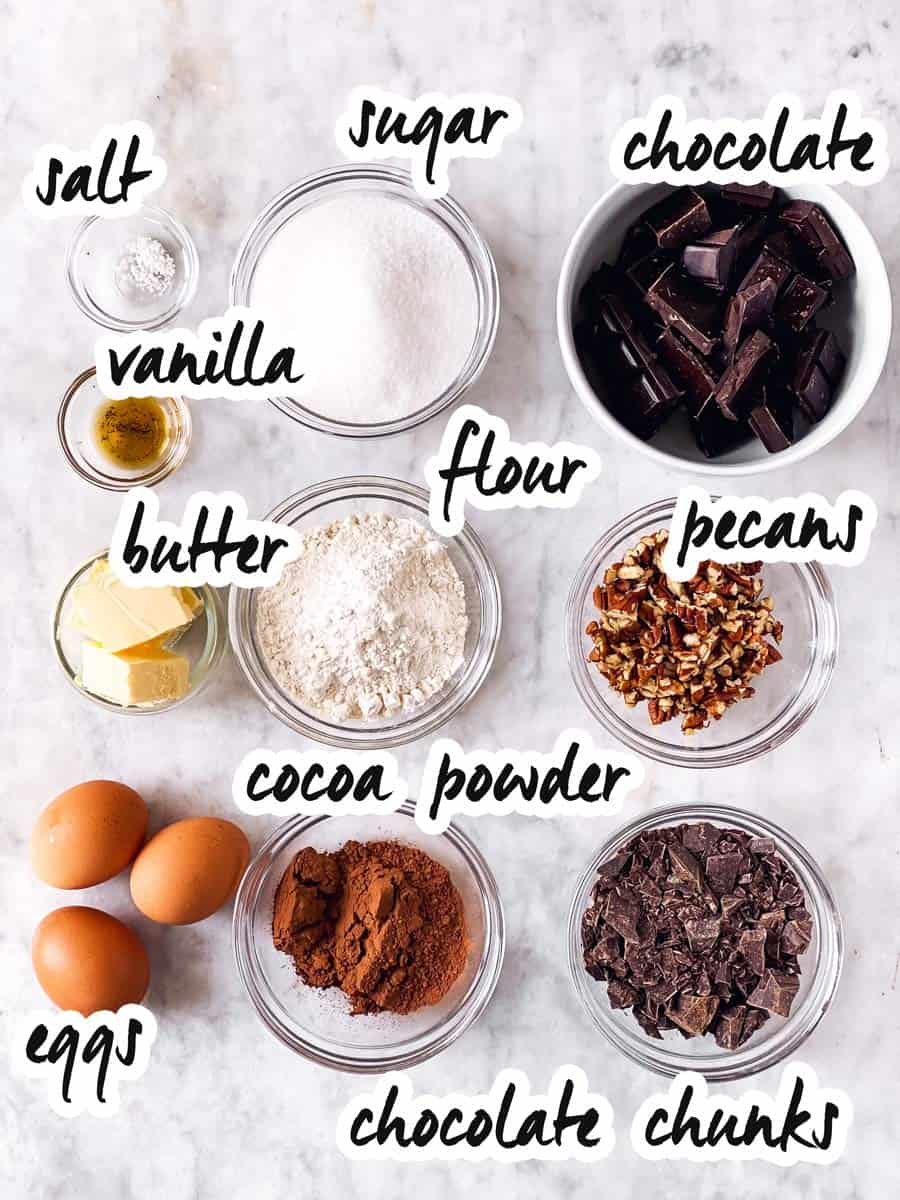 ingredients for brownies with text labels