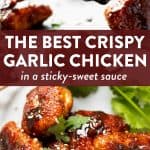 image collage of crispy garlic chicken with text overlay "the best crispy garlic chicken"