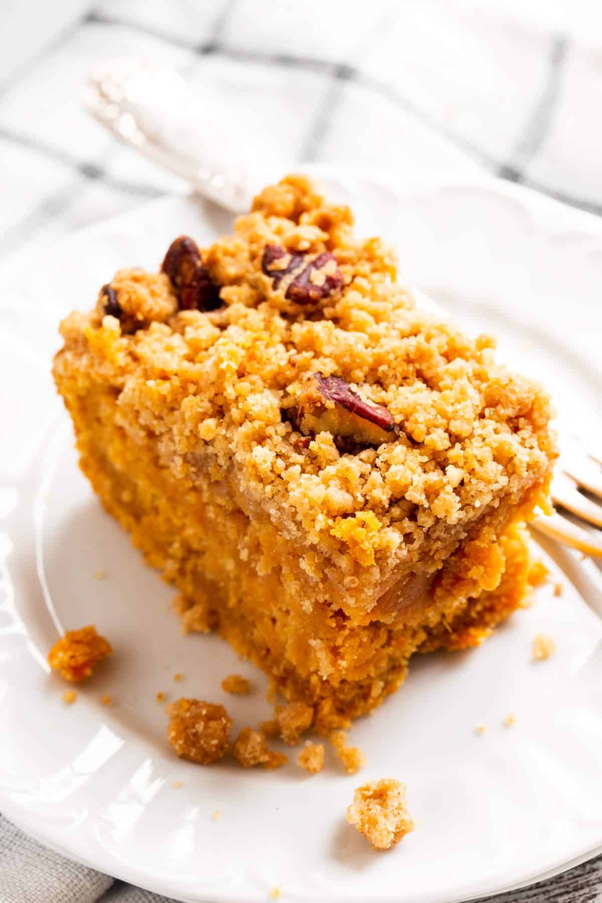 top down view on slice of sweet potato coffee cake