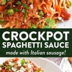 image collage with text overlay for crockpot spaghetti sauce