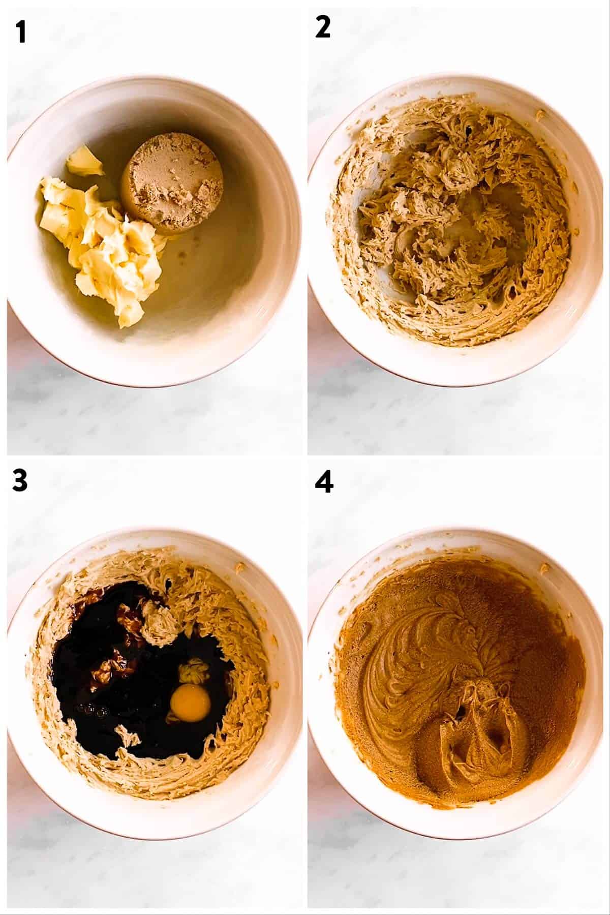 collage of photos to show creaming wet ingredients for gingerbread cookie dough