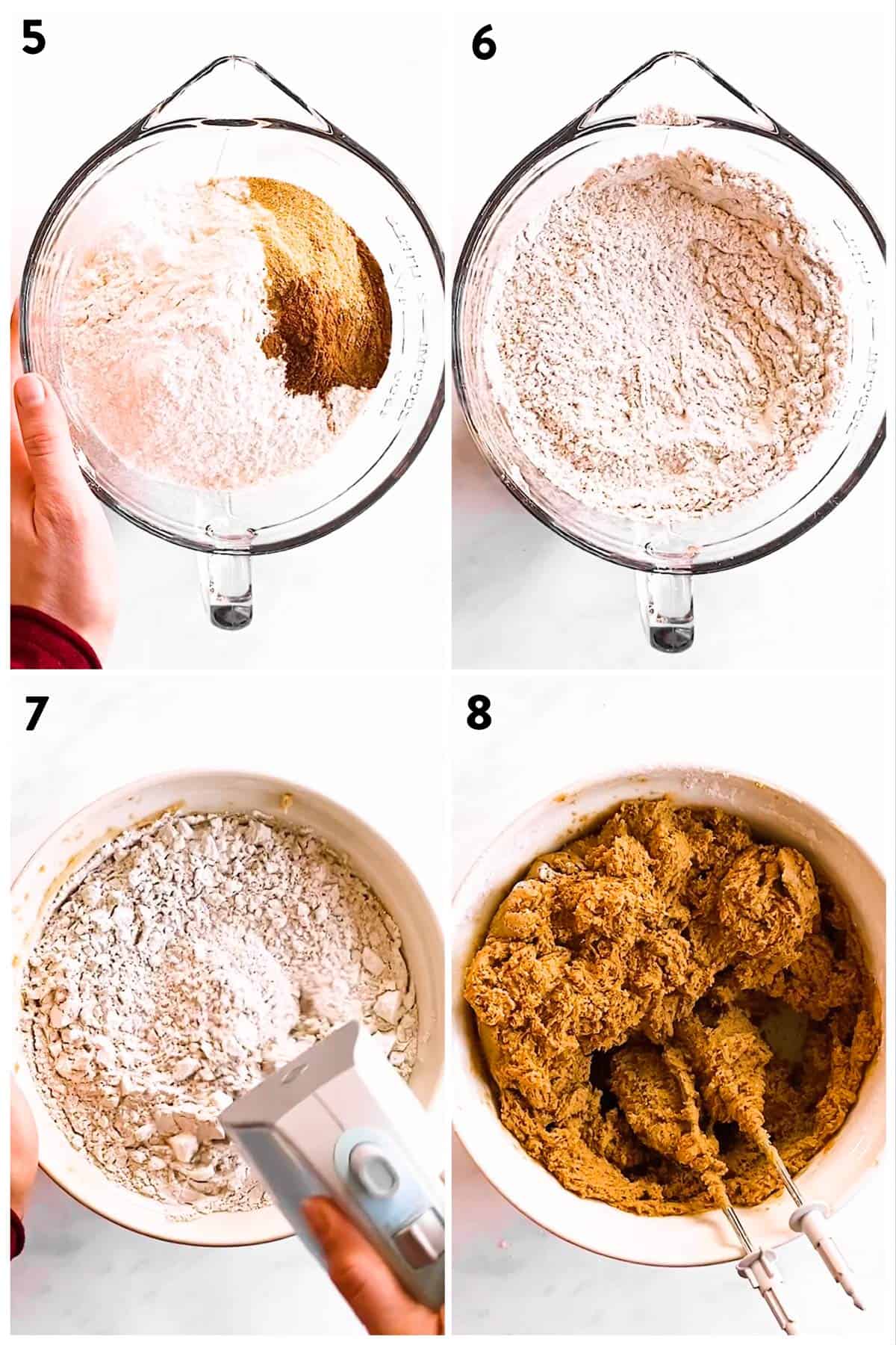 collage of photos to show how to mix dry ingredients to make gingerbread cookie dough