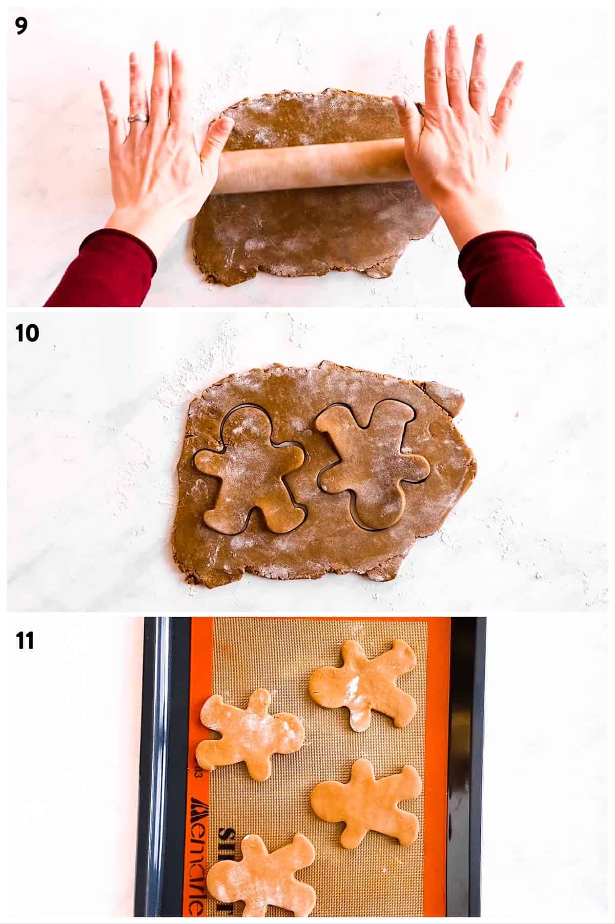 collage of photos to show rolling out gingerbread cookie dough and cutting out gingerbread men