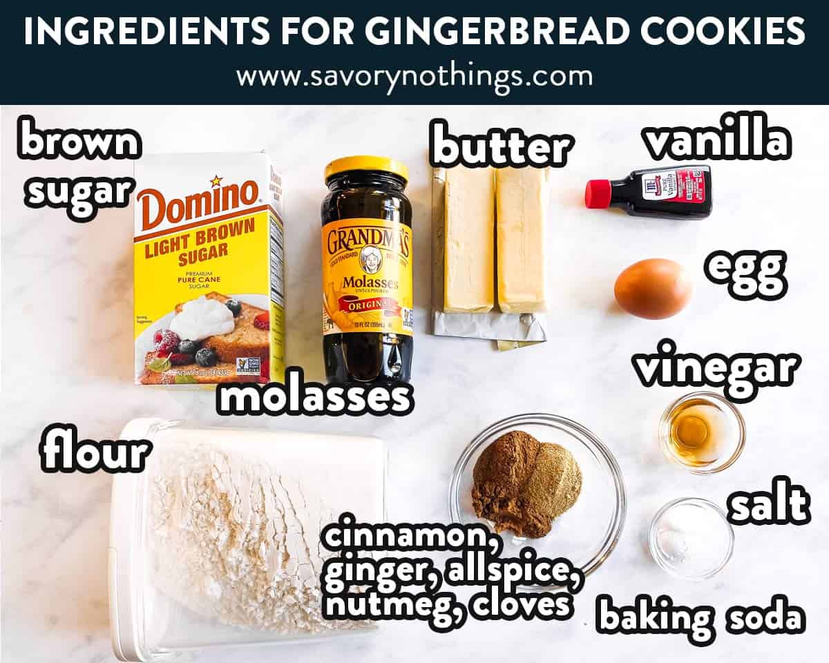 ingredients for gingerbread cookies with text labels