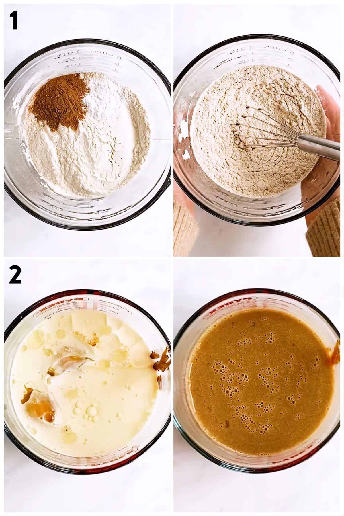 collage of photos to show separate combining  of dry and wet ingredients to make gingerbread pancakes