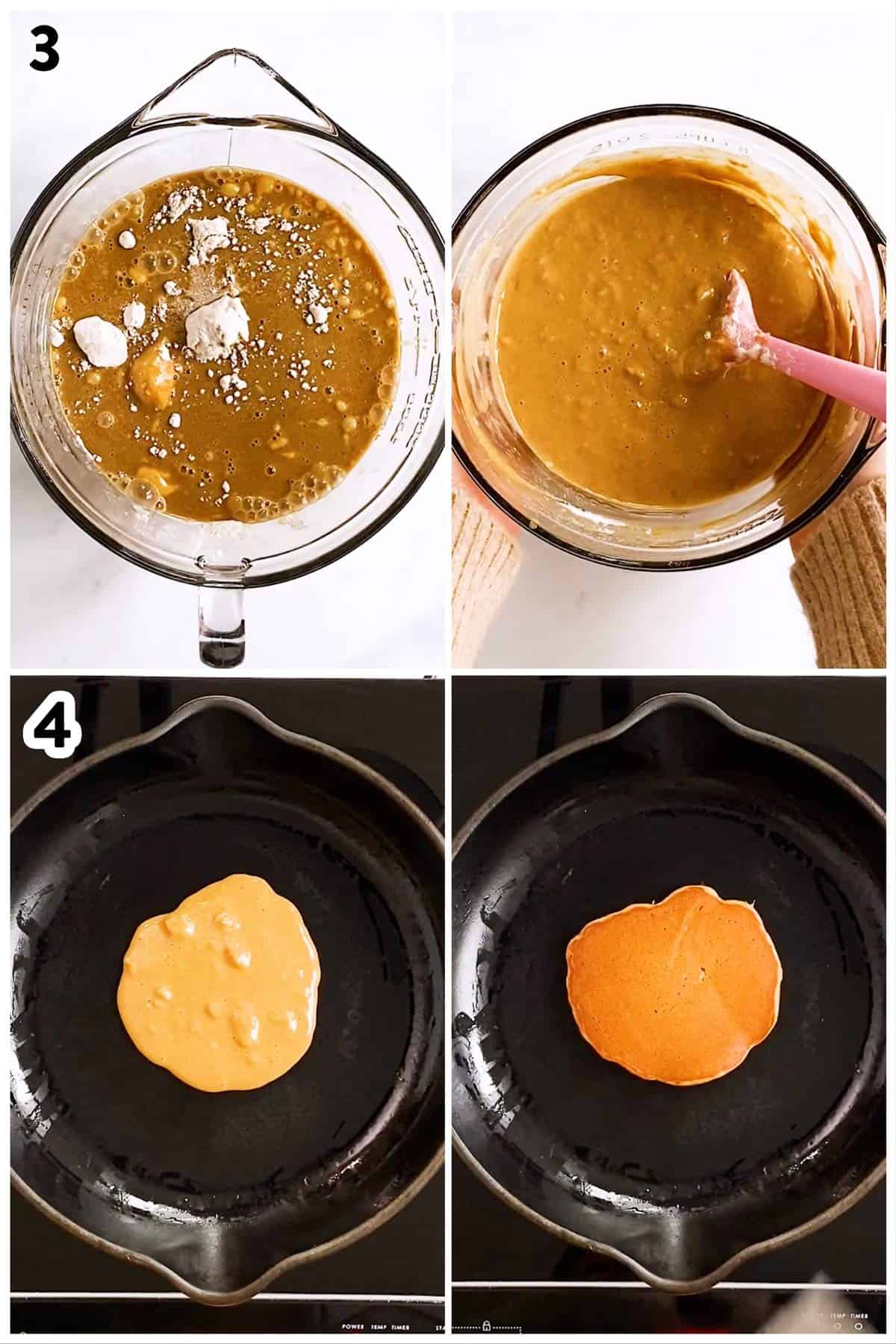 collage of steps to show combining batter and cooking gingerbread pancakes