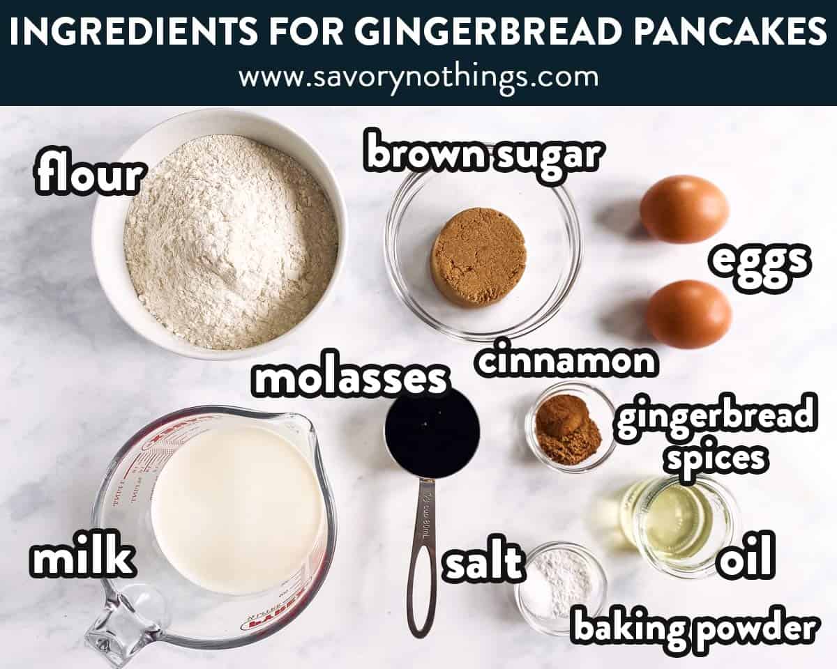 ingredients for gingerbread pancakes with text labels