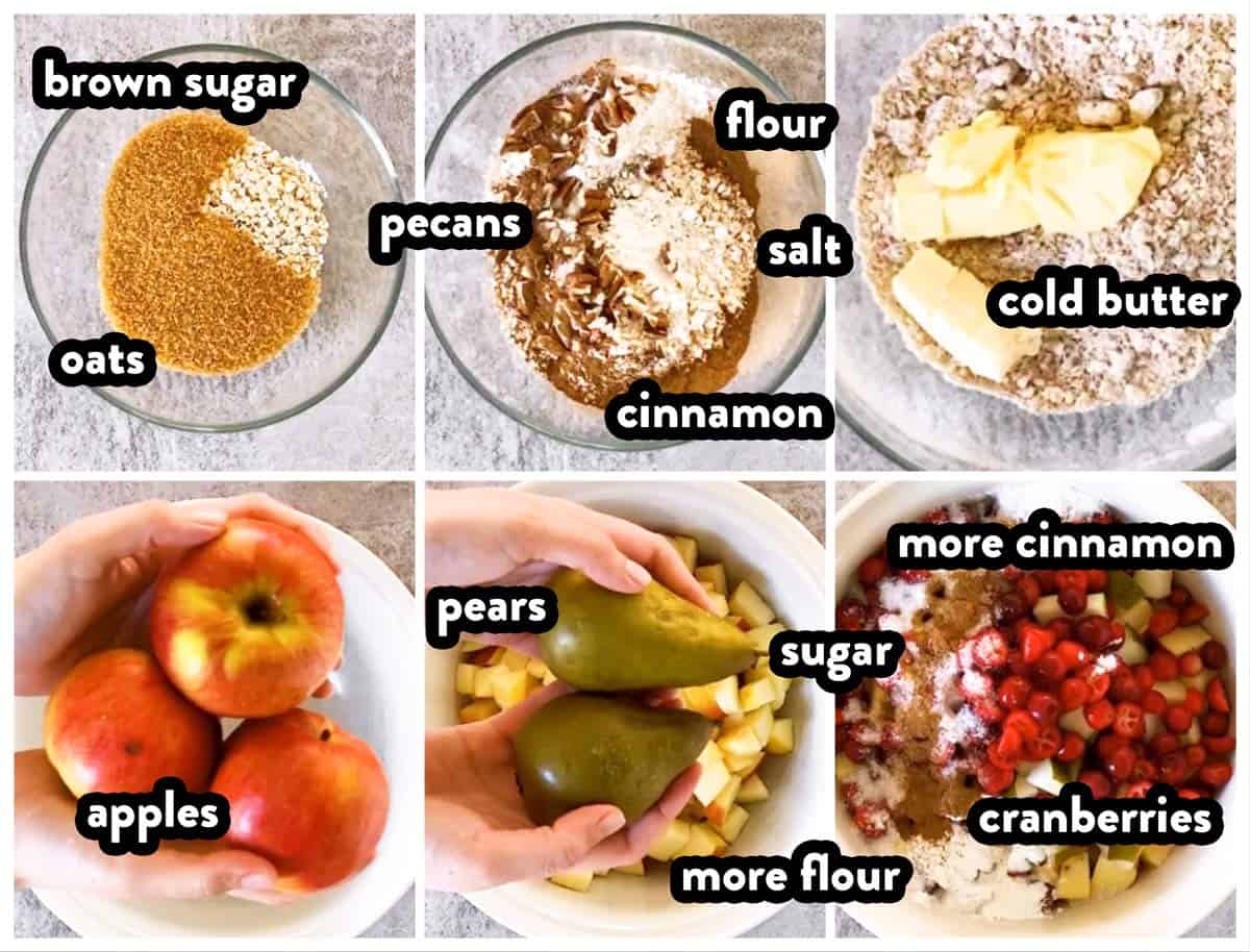 image collage to show ingredients needed for holiday fruit crisp