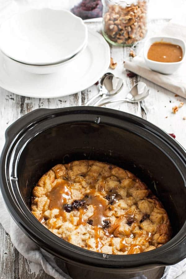 crock pot with bread pudding in it