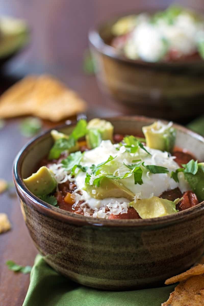 slow cooker chili in brown bowl