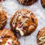 several peppermint brownie cookies on a piece of baking parchment