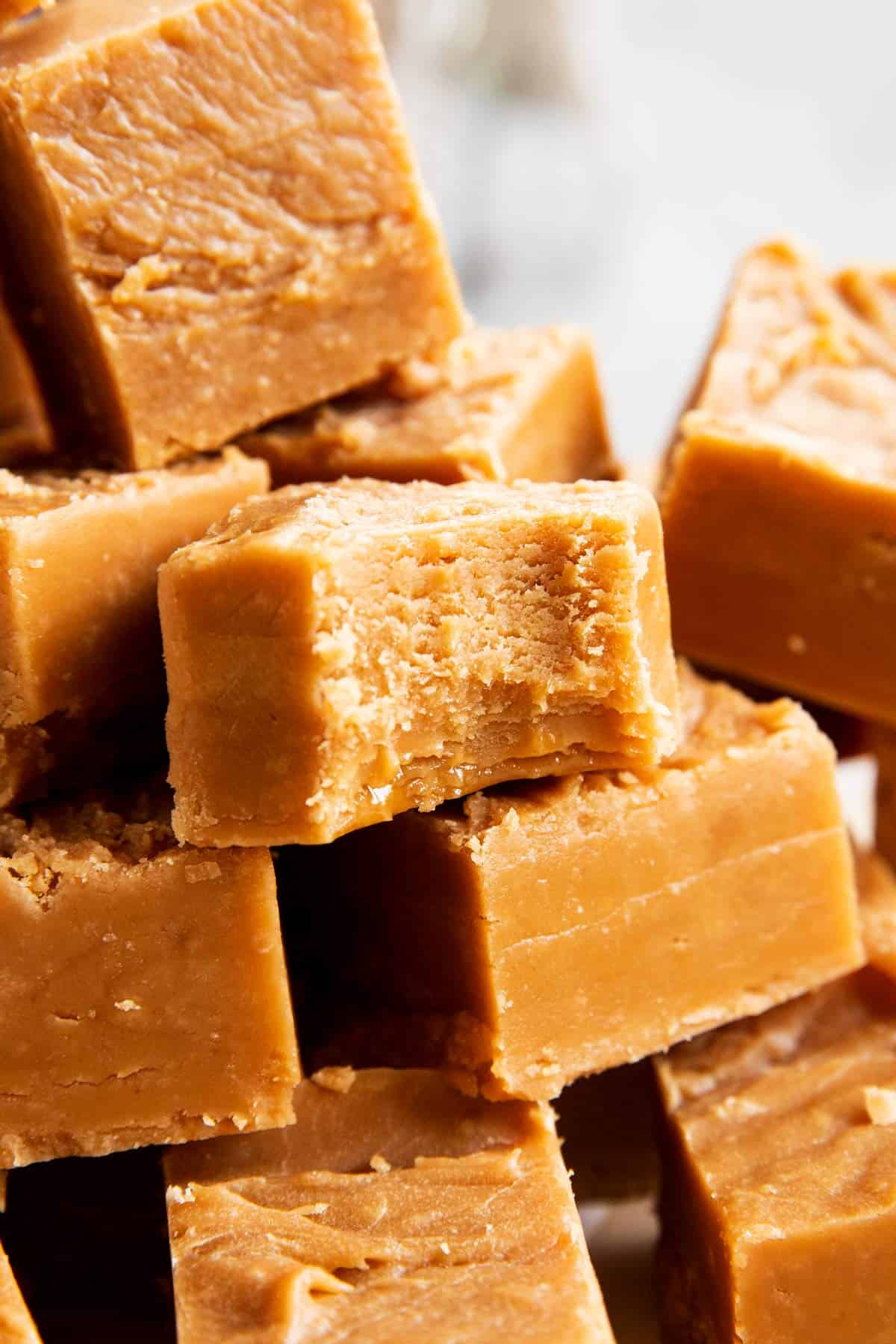 close up of cookie butter fudge with bite taken out