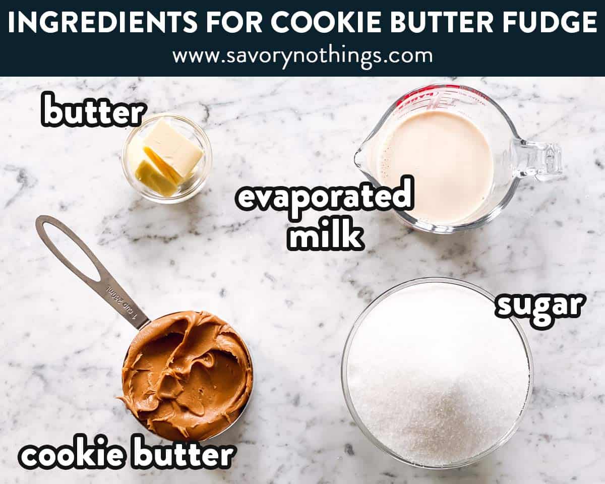 ingredients for cookie butter fudge with text labels