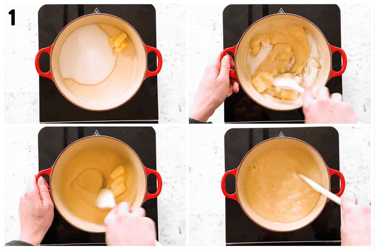 photo collage to show melting sugar with butter and evaporated milk
