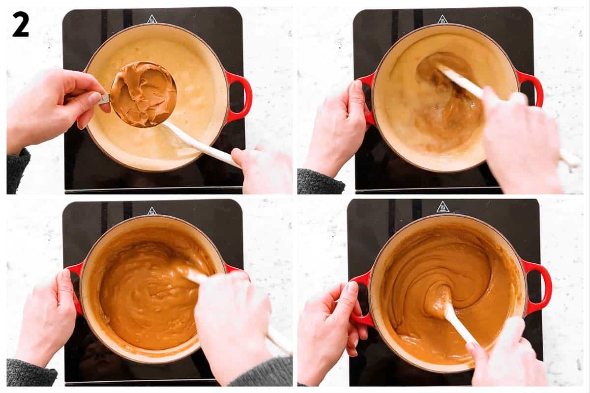 photo collage to show how to make mixture for cookie butter fudge