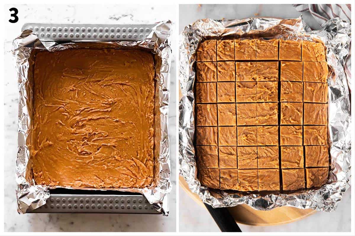 photo collage to show how to slice cookie butter fudge into squares