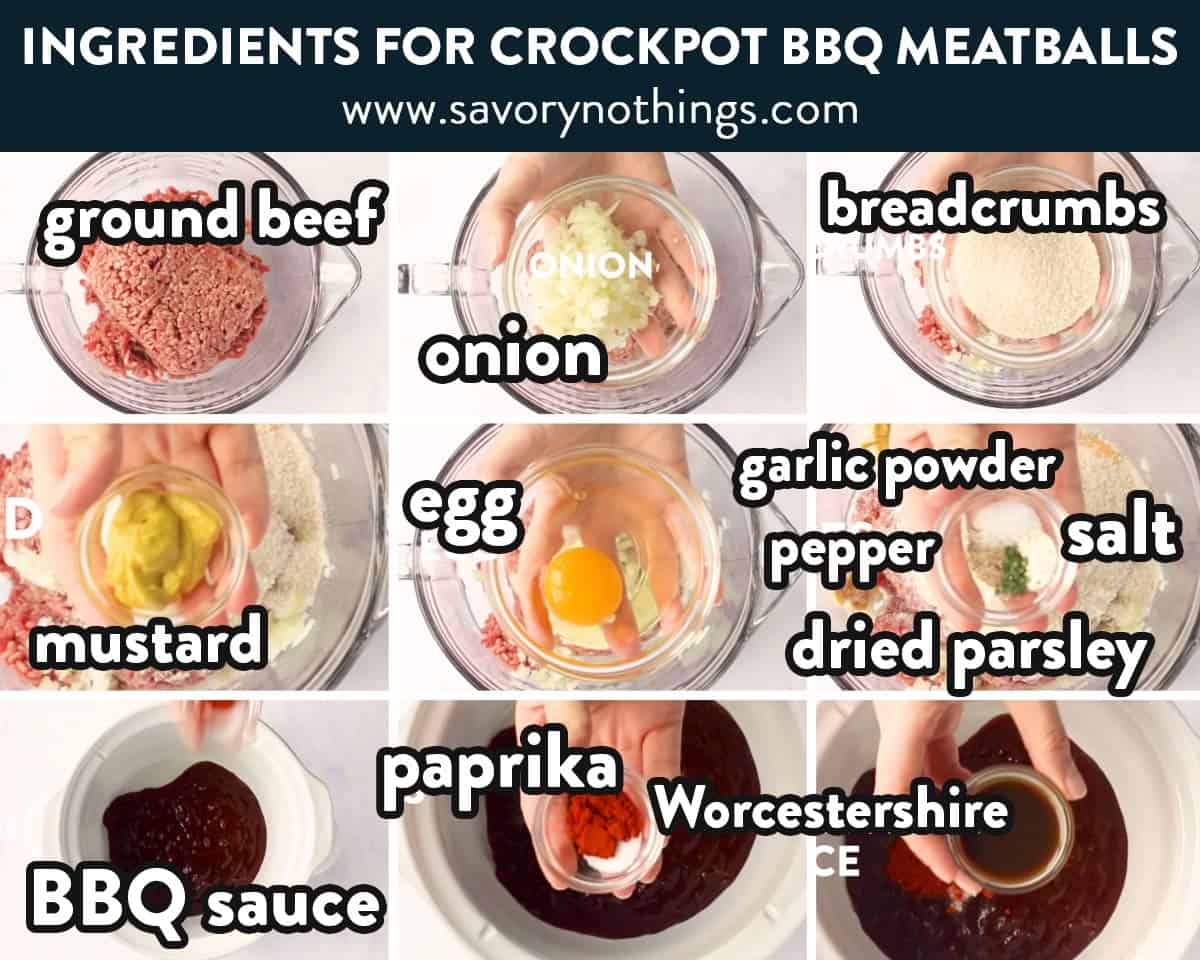 ingredients for crockpot BBQ meatballs with text labels