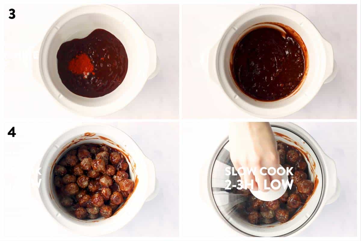 photo collage to show how to assemble BBQ meatballs in the slow cooker
