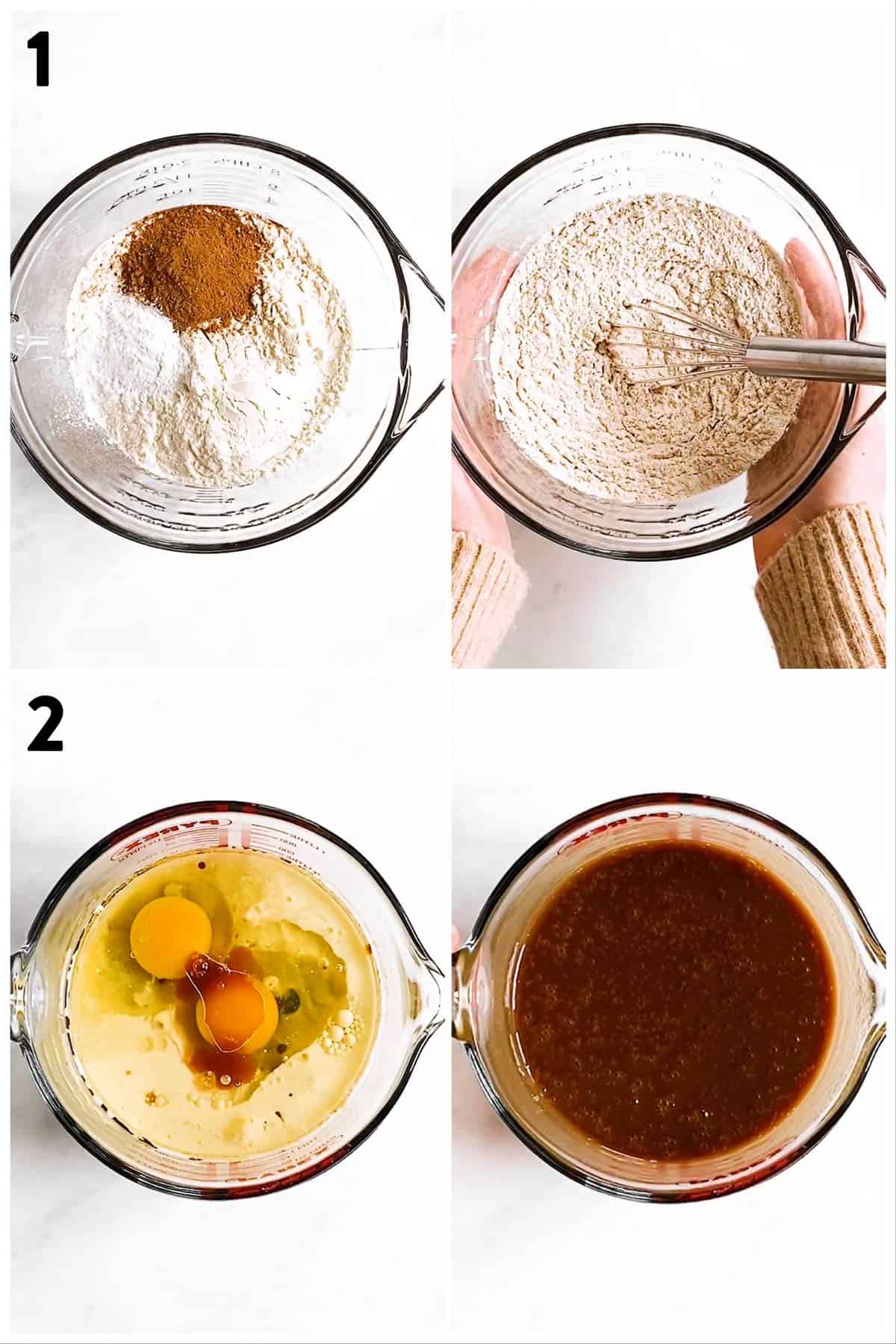 collage of photos to show separate combining  of dry and wet ingredients to make gingerbread muffins
