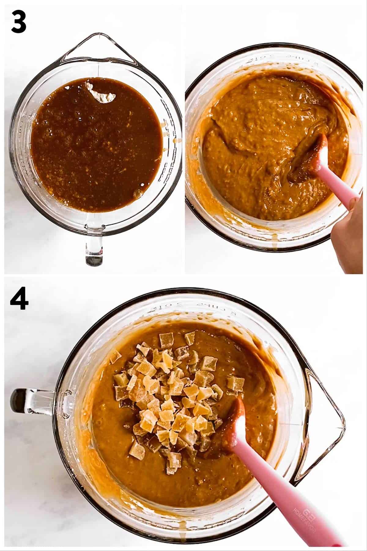 collage of photos to show assembling of gingerbread muffin batter