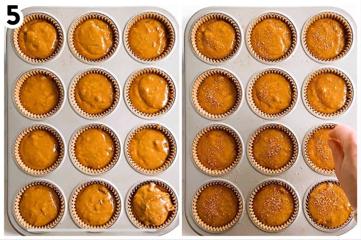 collage of photos to show how to add muffin batter to muffin pan