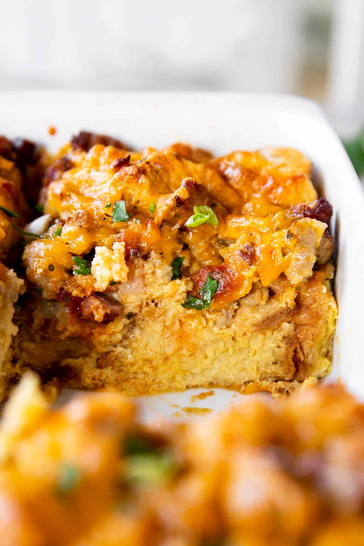 close up photo of breakfast casserole with sausage