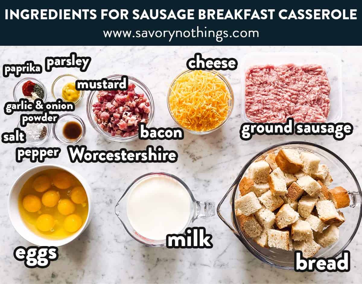 ingredients for overnight breakfast casserole with text labels