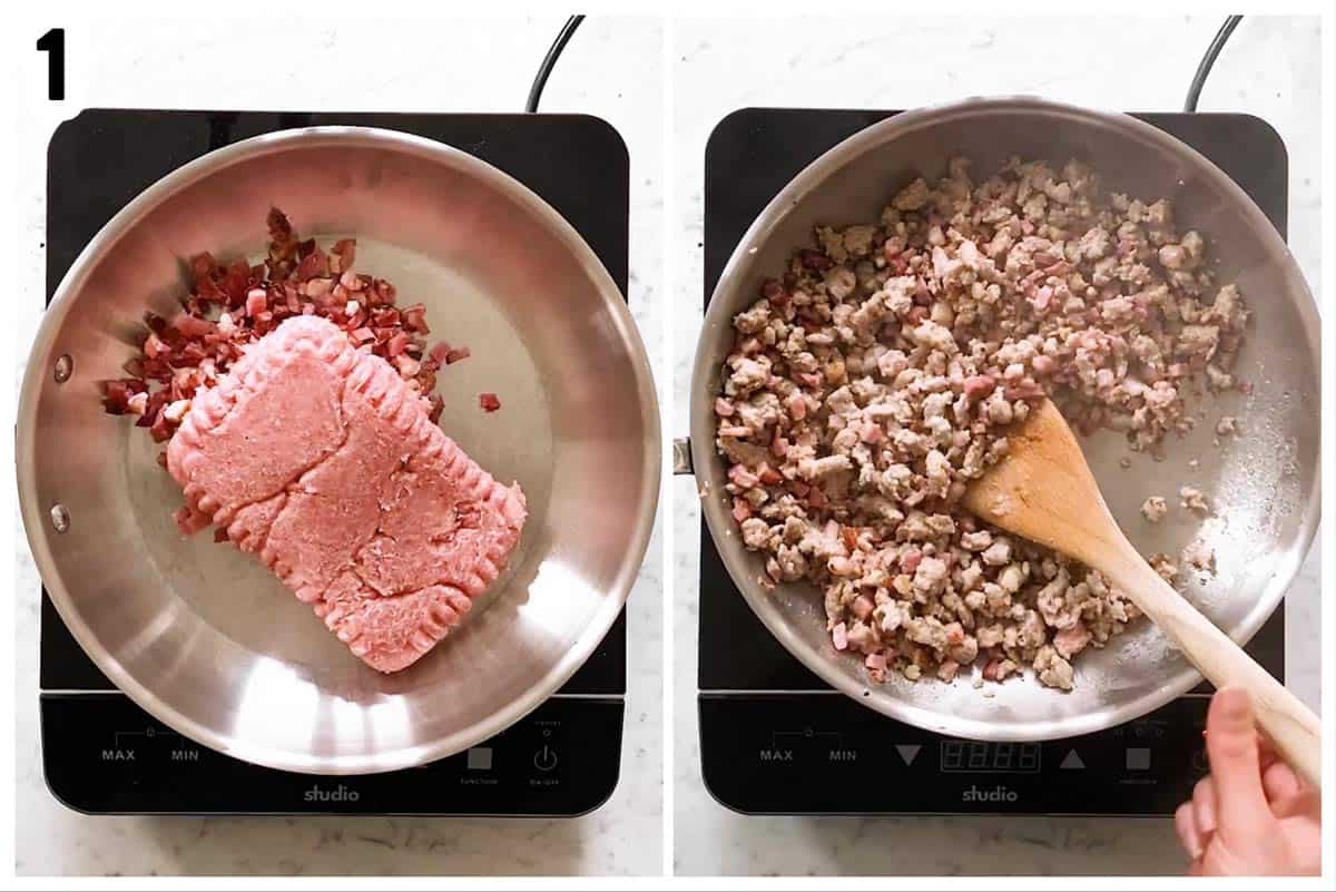 photo collage to show how to brown bacon and sausage in a skillet