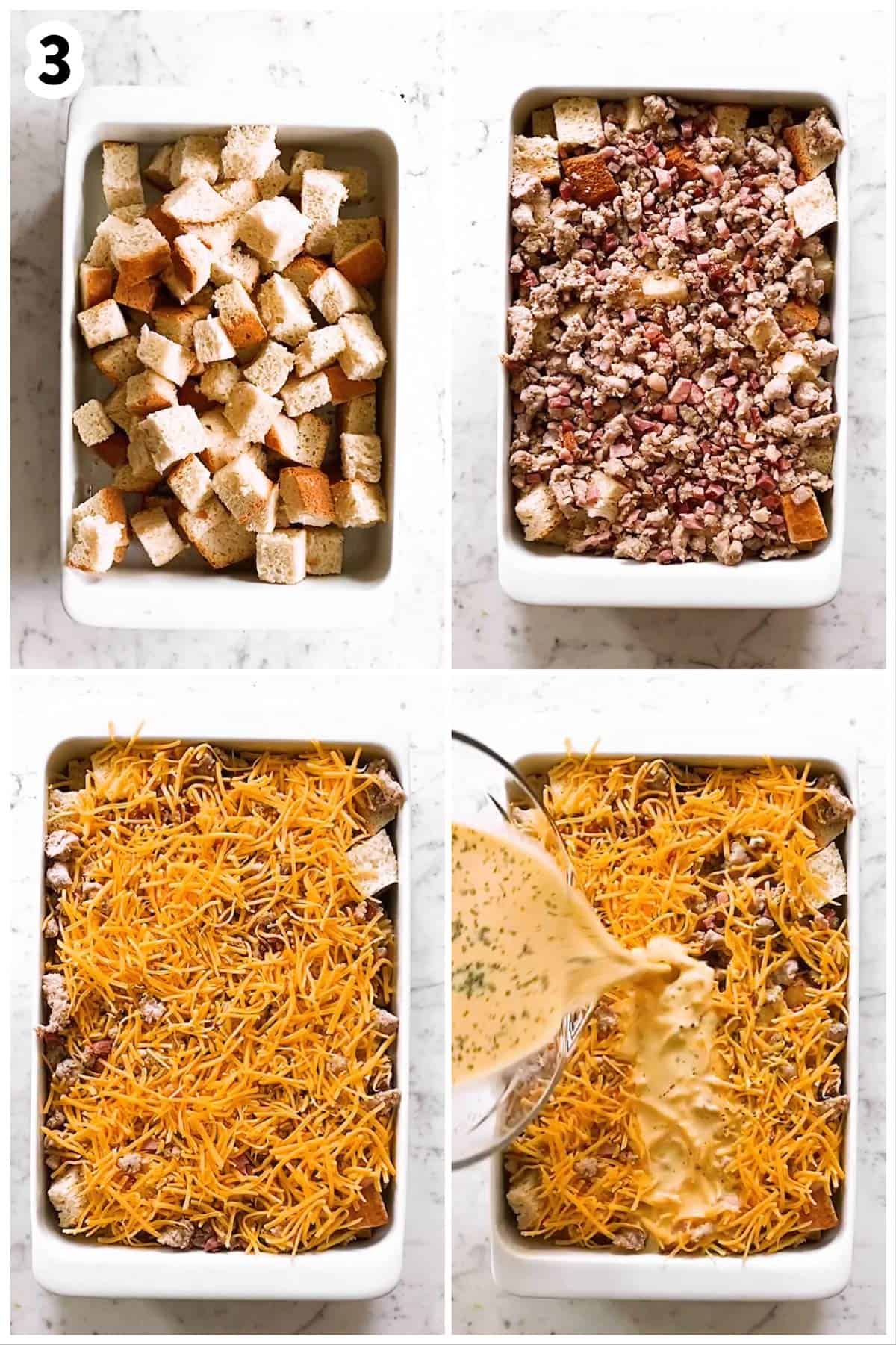 photo collage to show how to assemble a breakfast casserole