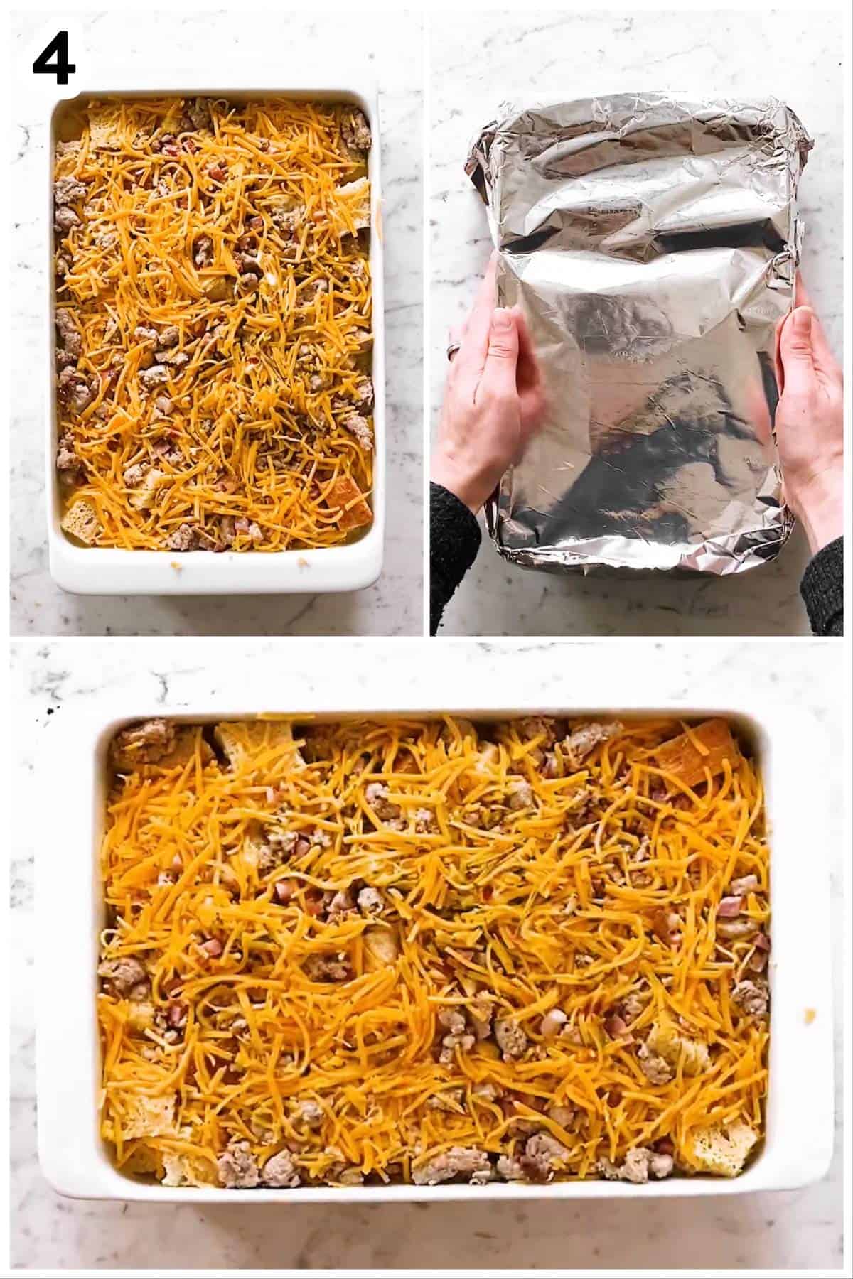 photo collage to show how to refrigerate an overnight breakfast casserole